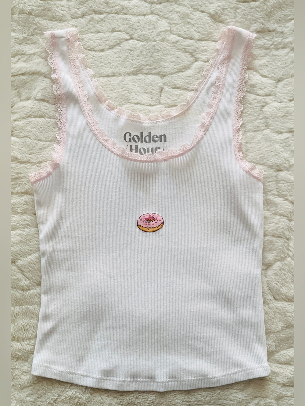 Golden Hour white ribbed  cami with delicate  lace trim & pink-frosted donut S
